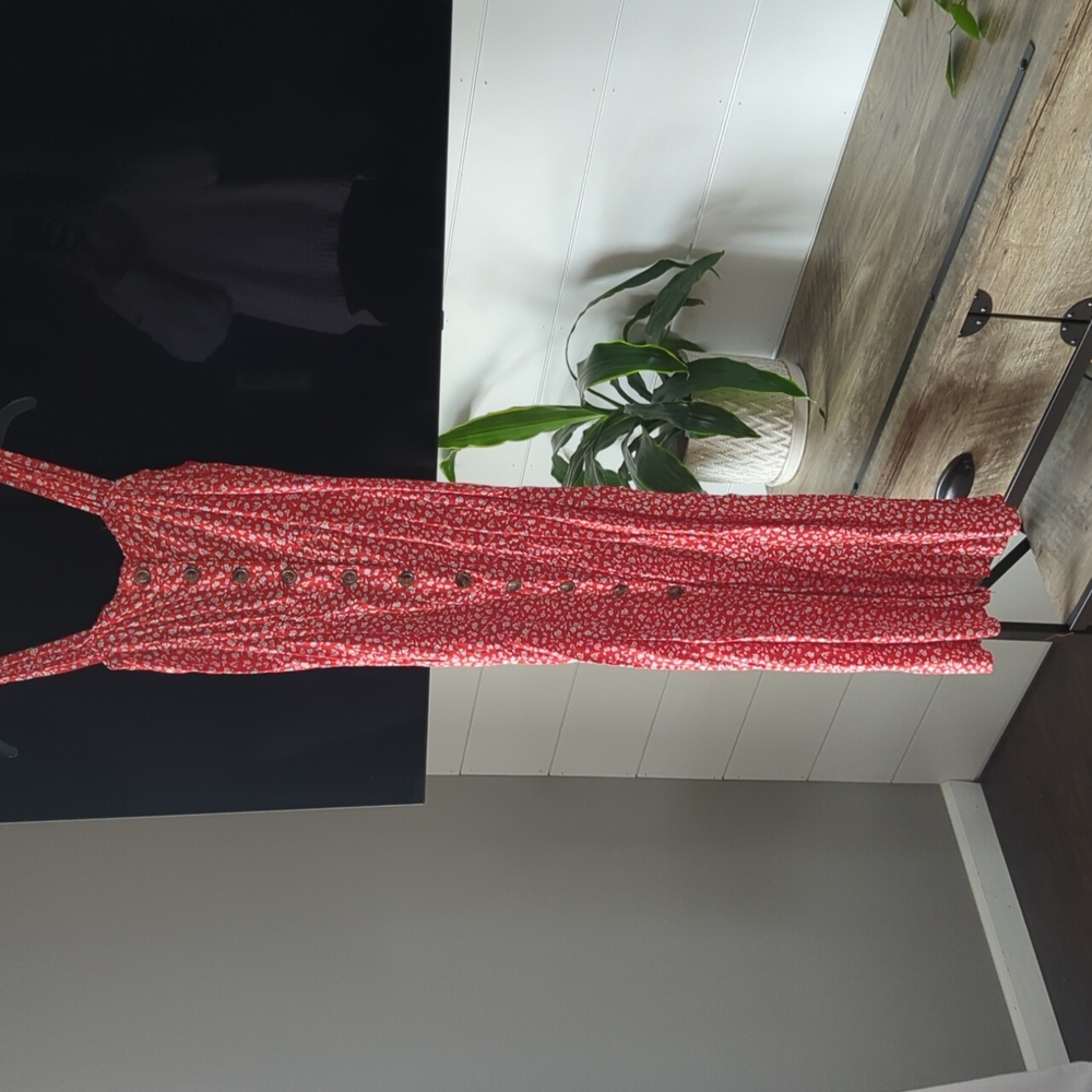 Red dress with white and blue floral print used size medium